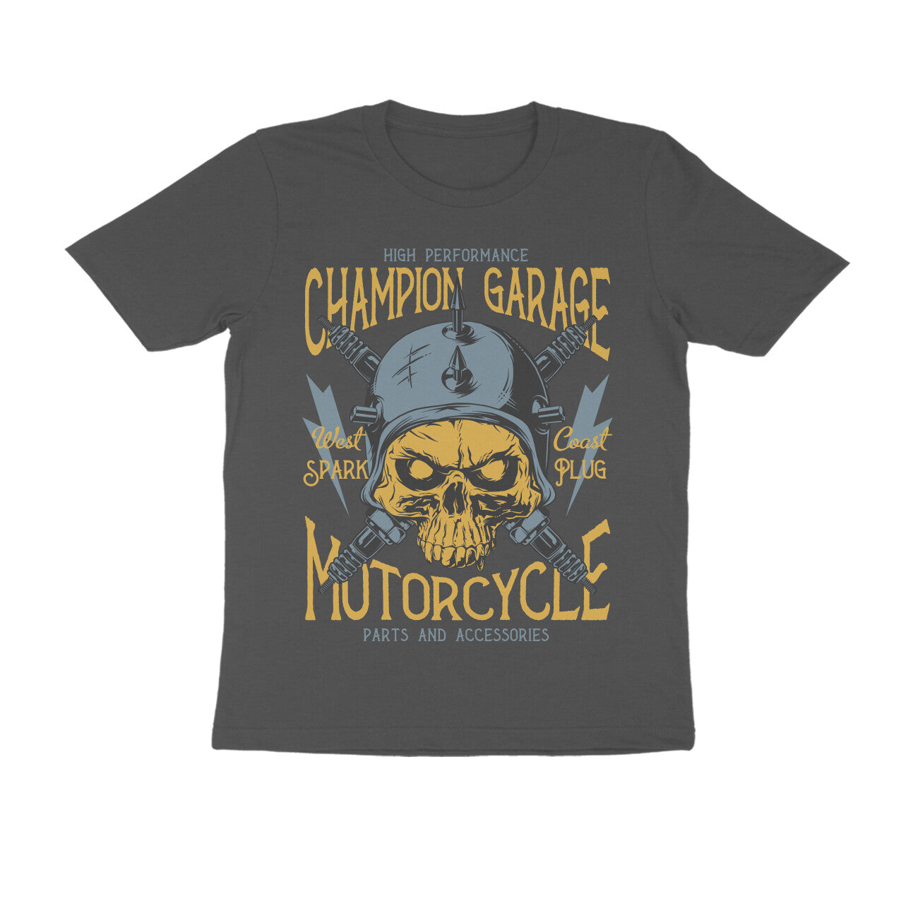 Champion Garage Motorcycle - Spark Plug Skull Rider Art T-Shirt