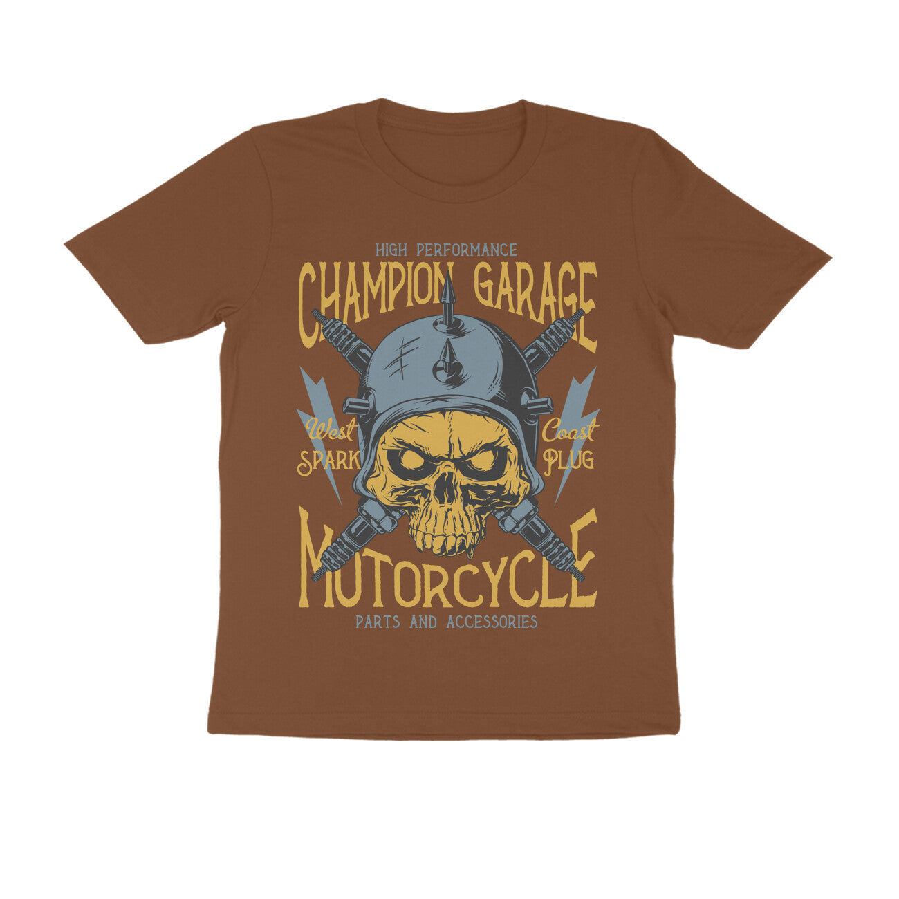 Champion Garage Motorcycle - Spark Plug Skull Rider Art T-Shirt