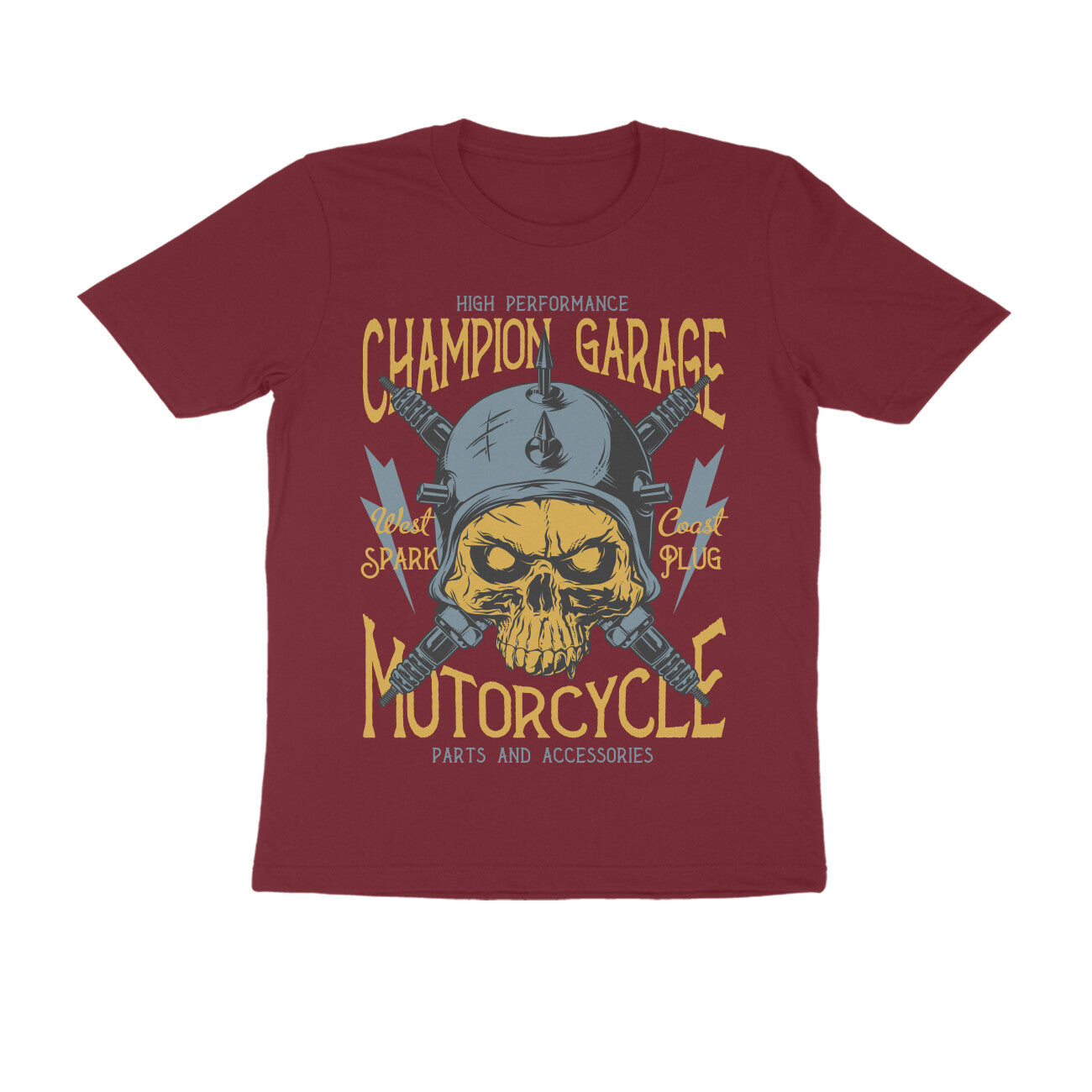 Champion Garage Motorcycle - Spark Plug Skull Rider Art T-Shirt
