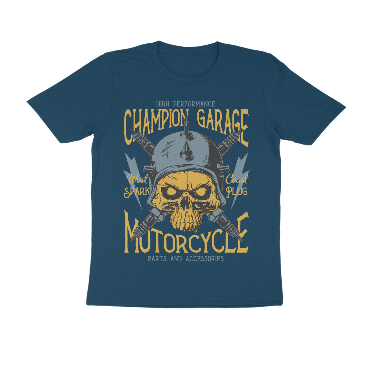 Champion Garage Motorcycle - Spark Plug Skull Rider Art T-Shirt