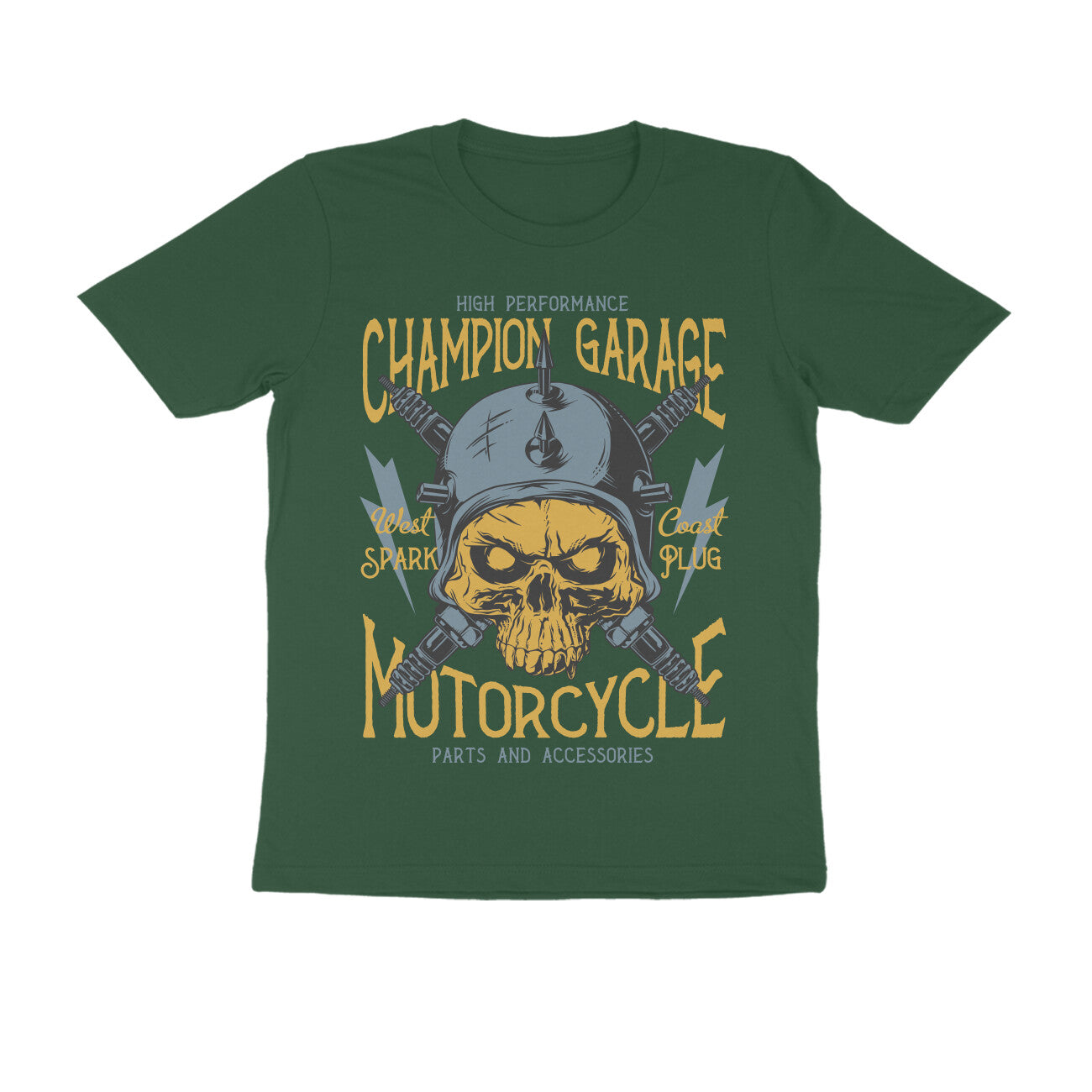 Champion Garage Motorcycle - Spark Plug Skull Rider Art T-Shirt