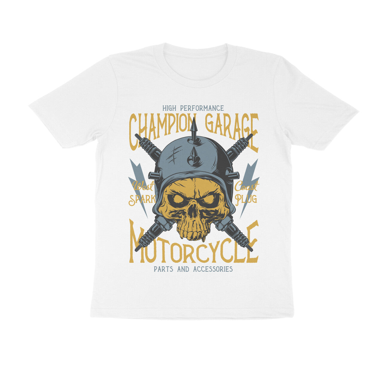 Champion Garage Motorcycle - Spark Plug Skull Rider Art T-Shirt