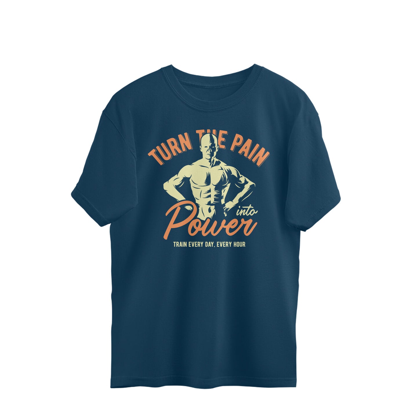 "Turn the Pain into Power" Retro Bodybuilder graphic (Front Printed) Oversized Gym T-Shirt