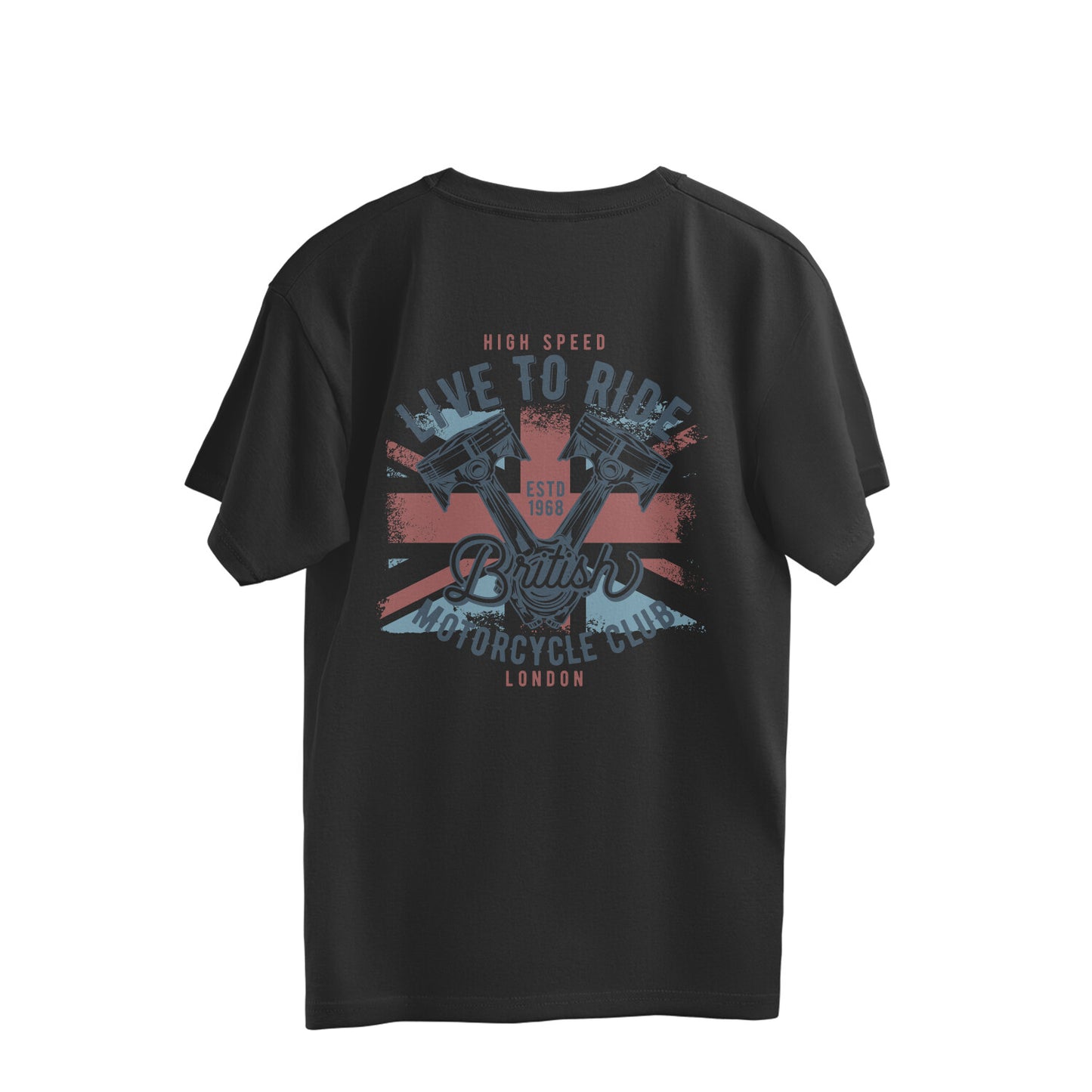 "Live to Ride Brit Flag Pistons Art" Motorcycle (Back Printed) Oversized T-Shirt