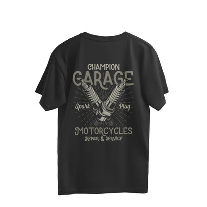 Champion Garage Motorcycles - Vintage Spark Plug Graphic (Back Printed) Oversized T-Shirt